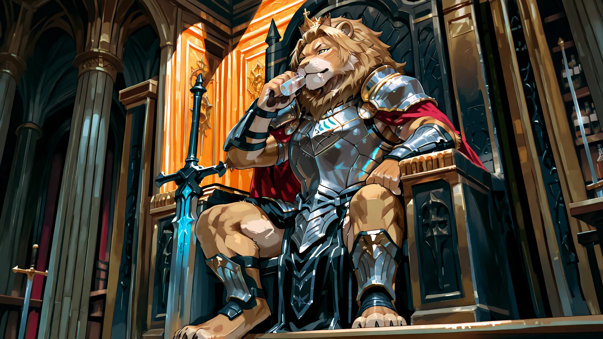  1 king,wearing a crown、sitting on a throne、Countless vassals of beasts kneel around the、Fur Cloak、Holding a sword in one hand、(lion furry face), furry legs, furry arms, (A group of subordinate soldiers:1.1)、Kneel