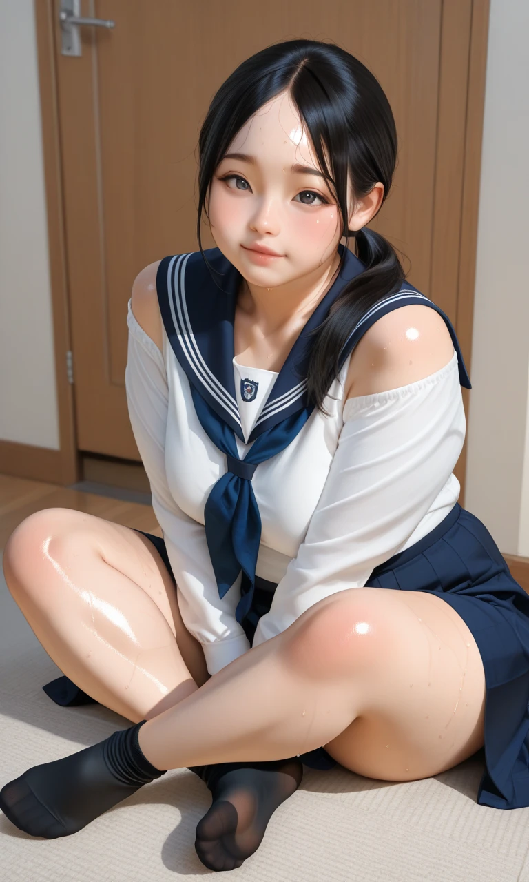 (highest quality,masterpiece:1.3,ultra high resolution),(Super detailed、caustics) (Photoreal:1.4, RAW shooting、)ultra-realistic capture、very detailed、natural skin texture、masterpiece、(junior high school sailor suit:1.3)、1 Japanese girl、adorable expression、expression of happiness、14 years old、young face、surprisingly cute、twin tails、curly hair、black hair、Scrunchie、light makeup、Big breasts that are about to burst、Sit on a chair and open your legs to the left and right、Filmed in a junior high school classroom、Shining thighs、summer sunshine、smile、inviting gaze、White panties