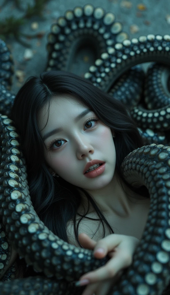 Surrounded by tentacles, humiliated by black tentacles