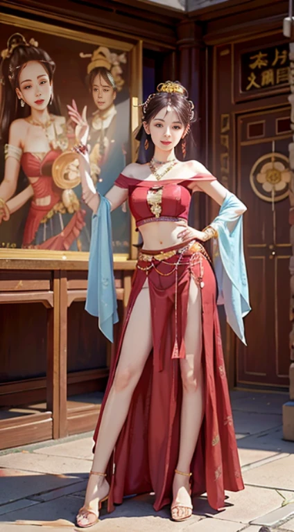 1 girl, Dunhuang flying costume, messy long hair, Zied G, Dunhuang style, A lot of smoke, superb, elegant color, red belt, long skirt, high split ends, Showing thighs, actual, high detail, masterpiece, Ultra-detaileded, dynamic angle, mural background, ink, Astonishing, light, illustration, chiaroscuro, backlight, divine light, best quality, best quality, anatomically correct, Surrealism, shadow, relief, Stereo view, vertical painting, leave, atmospheric perspective, 8k, Ultra-detailed, precise, best quality, anatomically correct, high details, best quality, high quality, high resolution