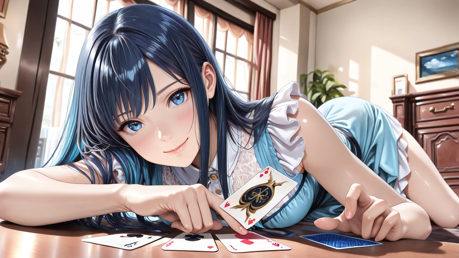 ((Worst quality, low quality)), Very delicate, masterpiece,(Upper body composition),((Face Focus:1.5)), (Close-up), Portraiture, ((Left facing:1.2), (Side angle:1.3), (The Trump Effect:1.3), (((playing cards fall)),(futuristic casino background):1.3), With a girl, alone, (Silver Right Blue Long Hair,Multicolored pastel hair),Plump and Shiny Lips, Beautiful Eyes, Voice of the Heart, Embarrassing,(Right Blue Theme:1.4), (Cyberpunk Fashion:1.2), (((On the right is a colorful military parka with a geometric pattern based on blue.,Wearing a hood:1.3), (Yellow Right Blue Neon Color:1.3)), (Circuit Pattern Stockings:1.1), (Metallic Hair Clip:1.2), (Open jacket:1.3), (Futuristic headset, (Yellow Right Blue Neon Color):1.3), (Fluorescent blue oversized open military jacket:1.3), Dynamic pose, (Light Particles, Shine, light:1.4),High angle shot, Highest quality,Ultra-detailed, masterpiece,