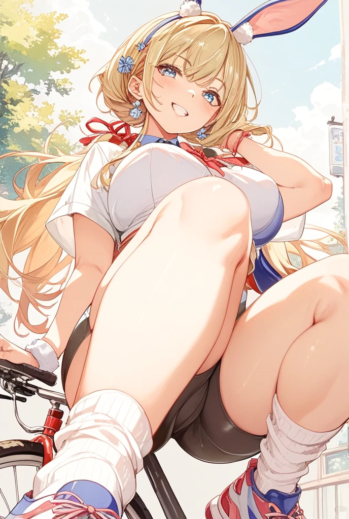 image number 1 - girl in anime panties laying on her side showing her ass in the grass, 1girl, striped, underwear, skirt, solo, panties, outdoors, long hair, necktie, blonde hair, looking at viewer, open mouth, shirt, hoshimiya ichigo, striped panties, blush, bow, white shirt, lifted by self, spread legs, striped necktie, day, clothes lift, sitting, tree, short sleeves, skirt lift, red eyes, , smile, bow panties, sky, blue sky, pink necktie, bare legs, teeth