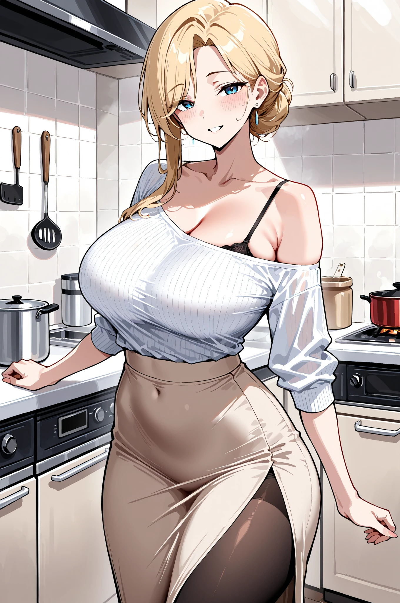 blonde milf,skin fair,housewife,wearing a white shirt and short black skirt,in kitchen