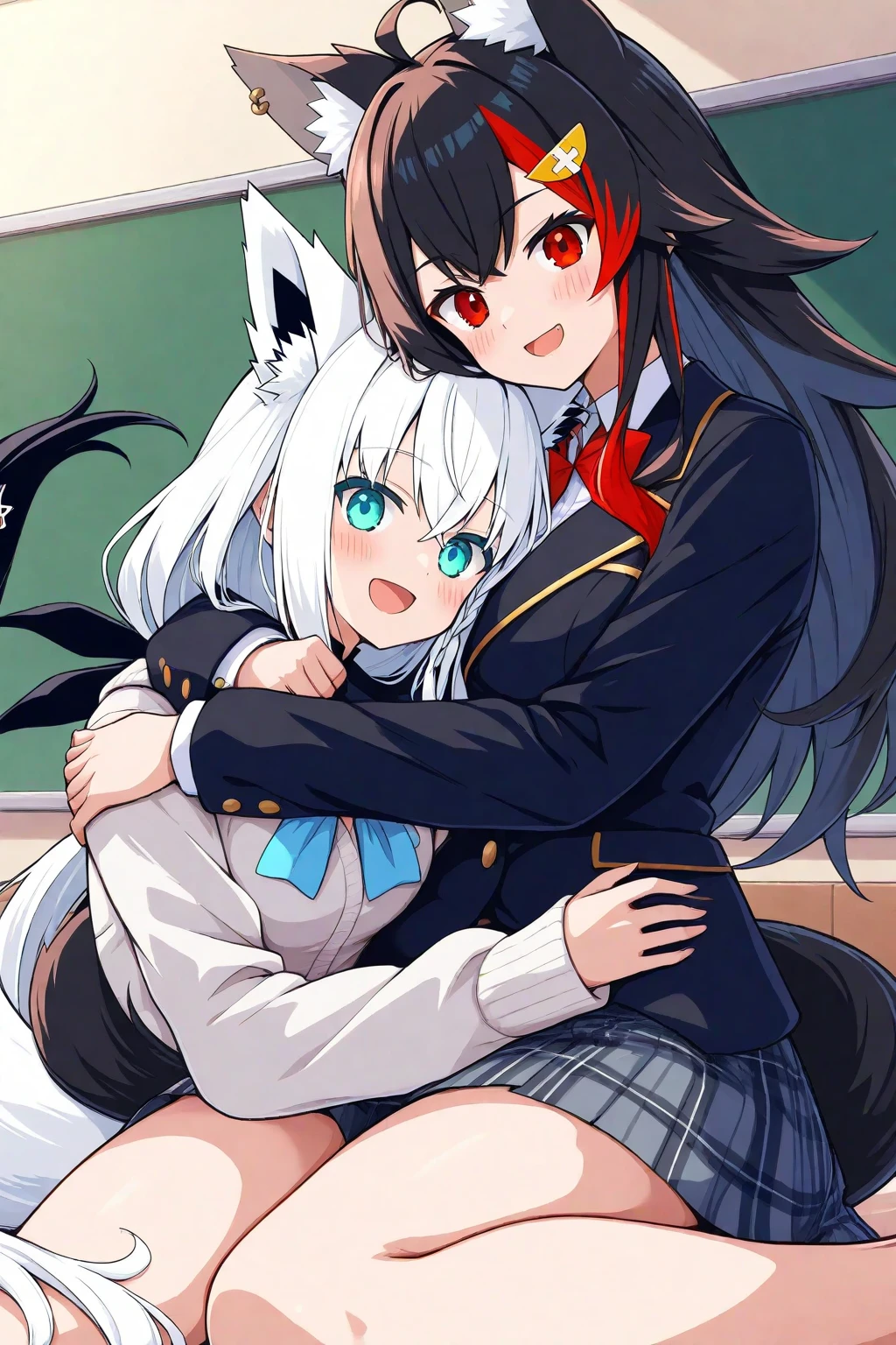 Two huge，Two teenage girls，short skirt，teasing，Two giant girls taller than the building，Wearing white stockings，Lying on his stomach，Face down，arrogant，Laughing，Toyed around，shrouded in the villain，arrogant巨大的，gray hair，Gray cat ears，Two teenage girls，short skirt，Teasing the villain，Two giant girls taller than the building，arrogant