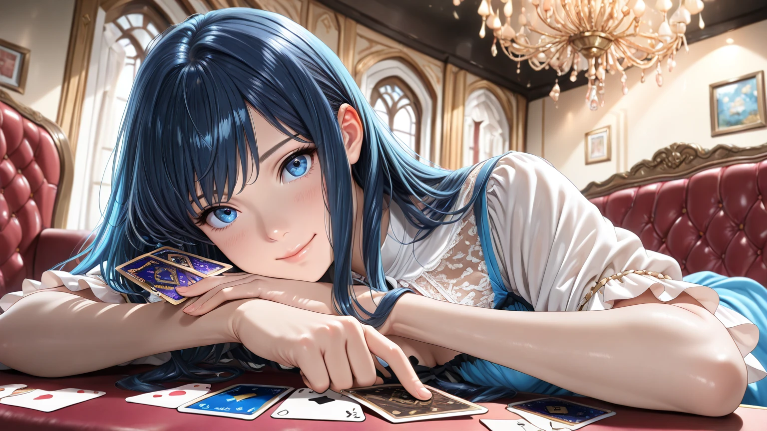 Highly detailed, High Quality, Masterpiece, beautiful, PlayingCards, <lora:PlayingCards:0.4>, 1girl, solo, holding, card, table, holding card, sitting, indoors, playing card, pov across table, light smile, closed mouth, looking at viewer, Raiden_Shogun_\(genshin impact\), Raiden_Shogun:1.2, blue hair, long hair, <lora:Char_GenshinImpact_RaidenShogun:0.8>