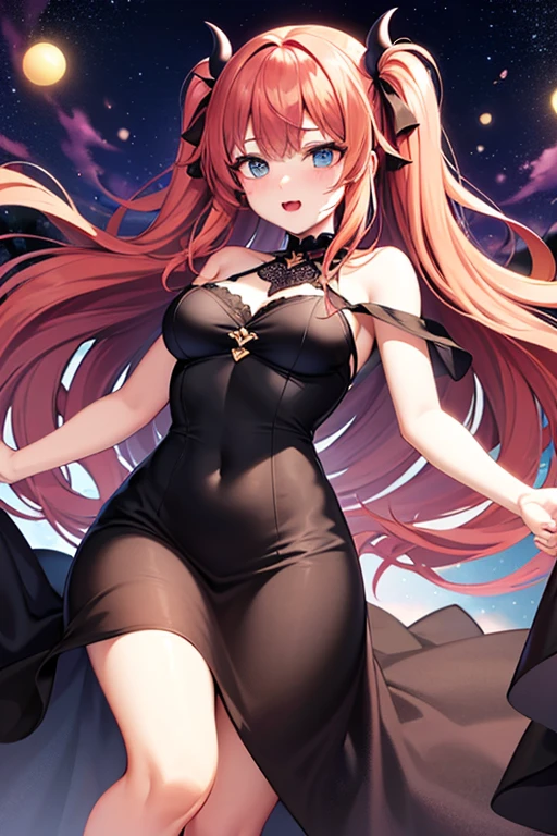 A girl of about twenty, she has long peach hair, blue eyes, a slender body, small breasts, large hips, fair skin,cat ears, hair ornaments.Cosmos,starry sky, starlight, northern lights,sky,8k, anime style,detailed eyes, Gothic dress, details eyes