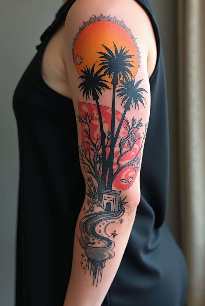 Please create a tattoo for the forearm, with a square goal in a chaotic city with crumbling buildings and full of graffiti