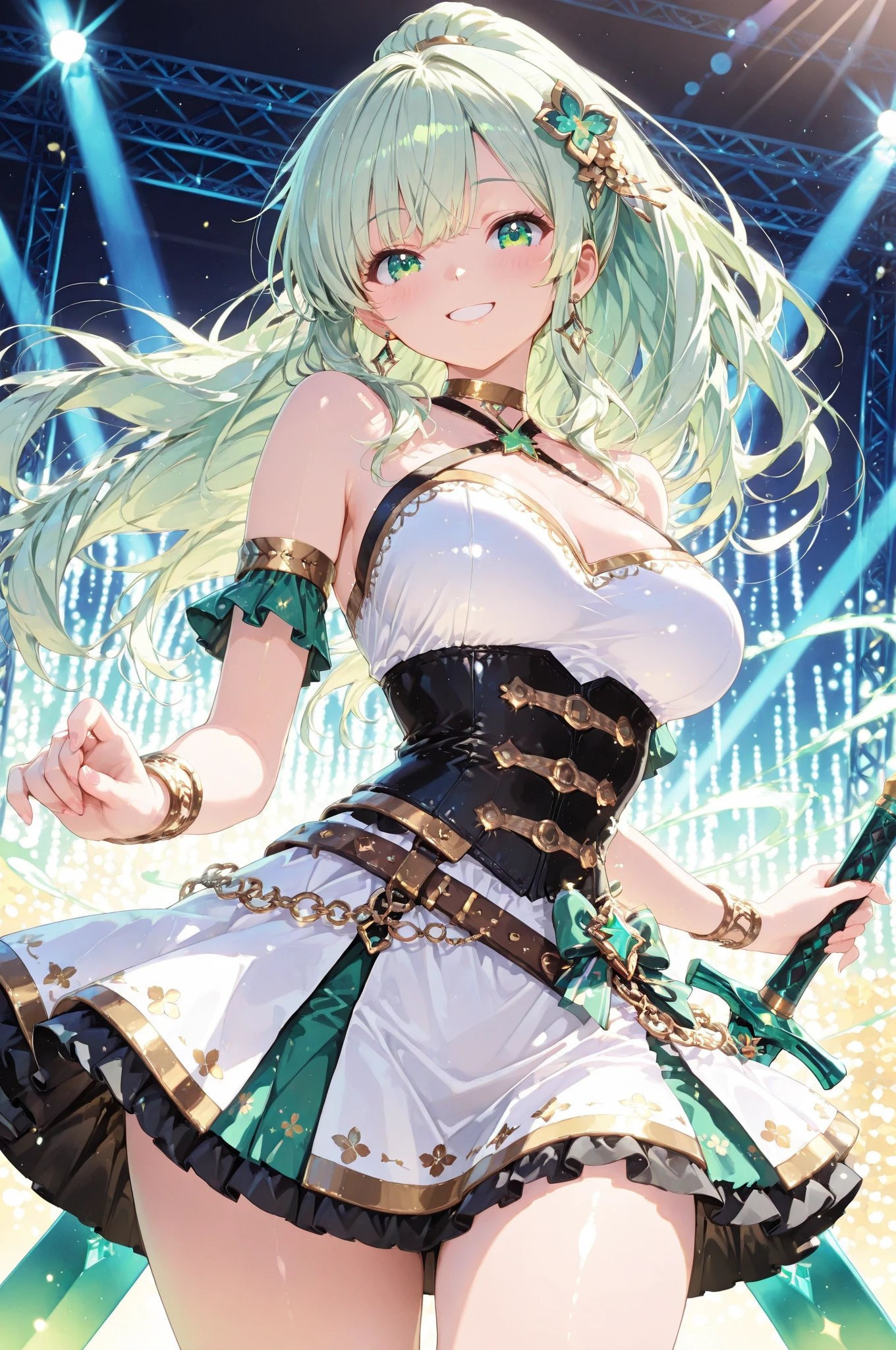 masterpiece、highest quality、8K.smile、blush、yellow green long hair、hands behind head、white boa jacket、Open chest、big breasts、black shorts、White knee-high socks、in the city、thin thighs、Bring your chest together at your elbows、stick out your butt、slouch