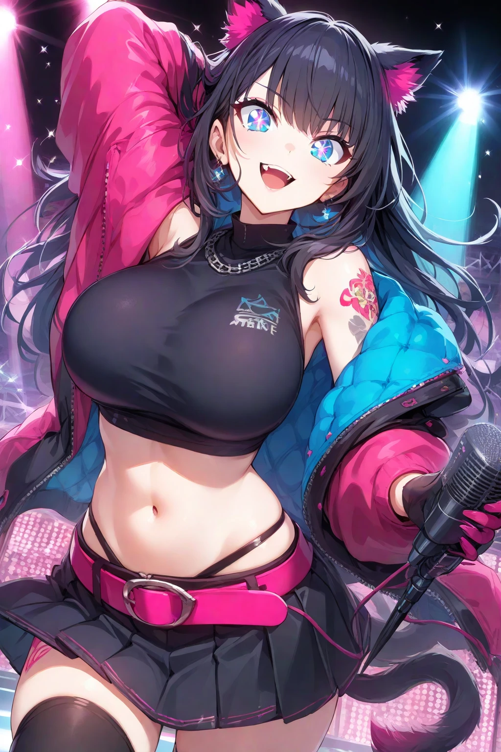 (work of art:1.2, best qualityer), (1 lady, standing alone, trunk:1.2), body hair: shaved on one side, a long time on the other side, dyed bright blue, make up: audacious, graphic eyeliner with rhinestones on the outer corners of the eyes, badass clothing: one made by hand, one of a kind, patchwork jacket with fringe, paired with black leather shorts and fishnet stockings, Accessories: a silver nose ring and multiple ear piercings with unique jewelry, Attend a music festival or alternative fashion event