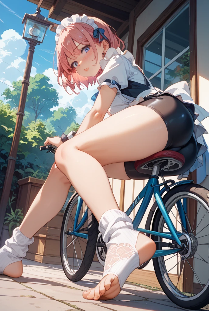 ((A plump and squishy lady:1.3)),((surprise!!:1.3)),(((Women's Lace Panties,((open crotch pantie)),transparent,Erotic lingerie,Big size,Open crotch underwear))),Highest quality、High resolution、Detailed Background、(Beautiful face in every detail:1.4)、"A joyful elementary school girl with a beaming smile, riding a bicycle on a sunny day. She has short, slightly messy hair that bounces as she pedals energetically. She wears a casual outfit, like a t-shirt and shorts, with colorful sneakers. The scene is set on a quiet suburban street with green trees and houses in the background. Her backpack is slightly askew, and her enthusiasm is infectious as she speeds down the street, the wind playfully tousling her hair."