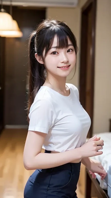 (highest quality,masterpiece:1.3,Ultra-high resolution),(Very detailed、Caustics) (Realistic:1.4, RAW shooting、)Ultra-Realistic Capture、Very detailed、Natural skin texture、masterpiece、(A Japanese woman wearing a T-shirt with a childish design:1.3)、Adorable expression、Expressions of happiness、14 years old、Height: 148cm、Young Face、Amazingly cute、Twin tail hairstyle、Straight hair、Scrunchie、necklace、Black Hair、light makeup、Slightly large breasts、Bare arms、Shining thighs、Shining ass、Filmed in an elementary school classroom、Background in detail、Satin fabric panties are visible、smile、An inviting gaze、Anatomically correct、Cowboy Shot、Attention to detail、Pose that emphasizes the legs、