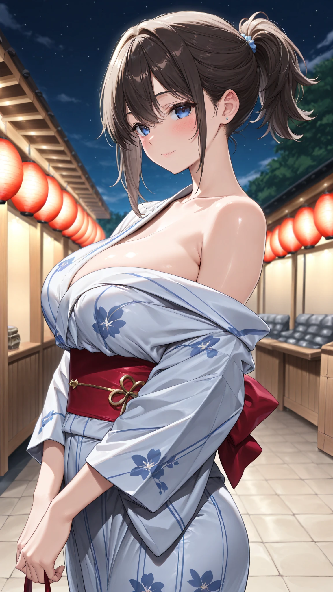Ultra HD、Masterpiece、Best Quality、Top quality、Extremely detailed image quality、Realistic woman、A big smile、One Woman、45-year-old woman、Married Woman、Plump body、belly button、Long black hair、Shiny skin、Skin that is very shiny after applying oil、High gloss skin、Bursting Busty、Cleavage、(Beautiful patterned yukata:1.8)、Facing forward、The whole body is reflected、Wide Hips, Thick thighs, blush, Open your mouth, Arms behind back, Fireworks display, Riverbank, Are standing