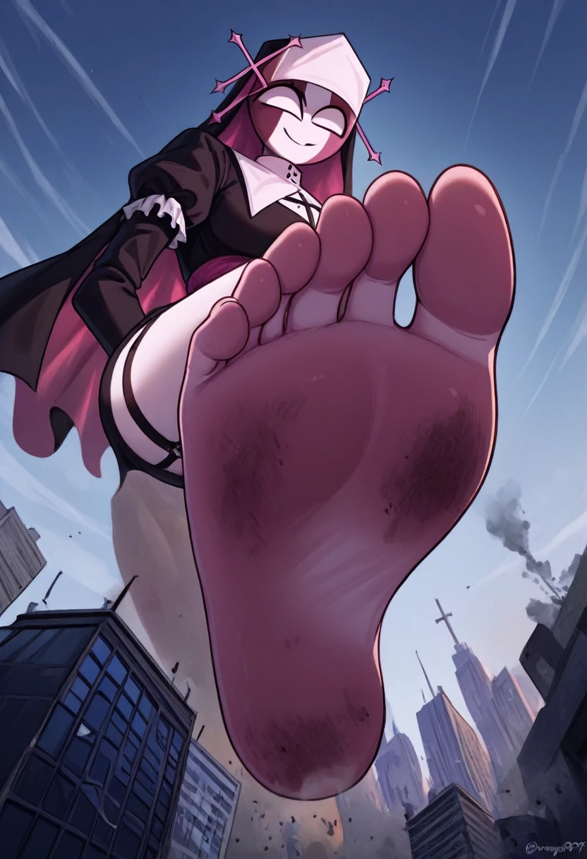 score_9, score_8_up, BREAK,
1girl, briar, white eyes, colored sclera, white hair, gradient hair, short hair, hair between eyes, ahoge, pointy ears, sharp teeth, grey skin,
tongue out, open mouth, horny, bare shoulders, detached sleeves,
footstomp, barefoot, feet, foot focus, soles, toes, foreshortening, view from below,
looking at viewer, outdoors, night sky, night, <lora:BriarXL:1> <lora:VanripArtXLLocon:1> <lora:StompXL:1>