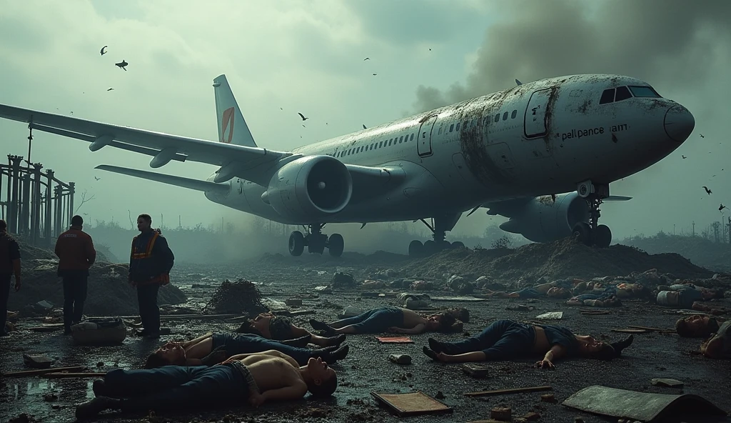 An aeroplane crash with clearly written Jahaz Hub (29-07-2003) in a dark creepy place with dead bodies of horror and creepy humans and demons and blood around it