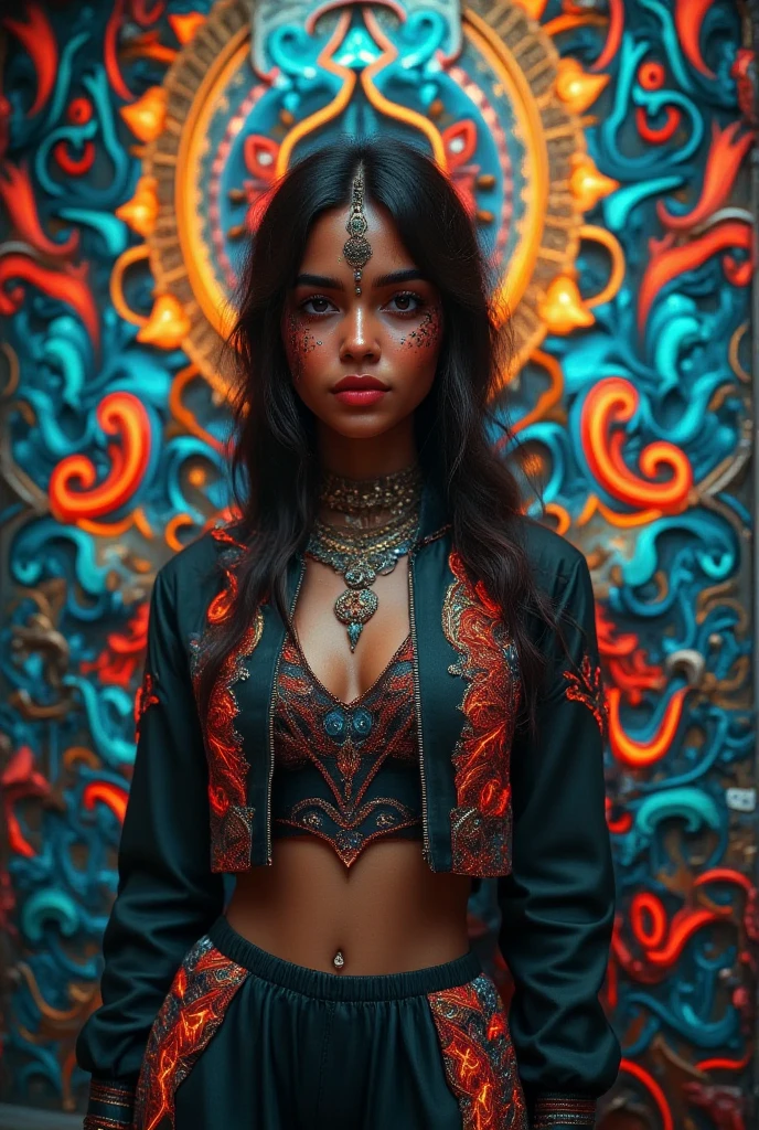 In an artsy loft filled with abstract artwork, the hippie spy interrogates a suspect. Her bohemian attire and attractive features contrast with the tension of the moment.. The vibrant colors of the paintings in the background and the soft lighting create an intriguing setting., emphasizing its enigmatic and seductive aura.
