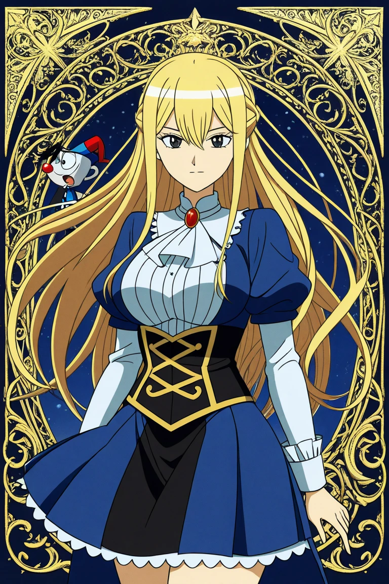 Her name is Diana, she's is a queen, blondie hair, blue colored eyes, she's always sitting on her red throne