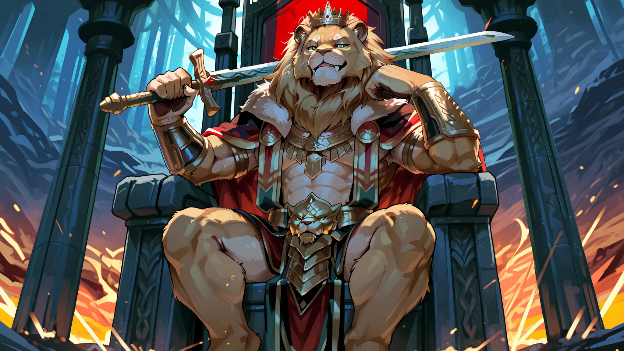  1 king,wearing a crown、sitting on a throne、Countless vassals of beasts kneel around the、Fur Cloak、Holding a sword in one hand、(lion furry face), furry legs, furry arms, (A group of subordinate soldiers:1.1)、Kneel