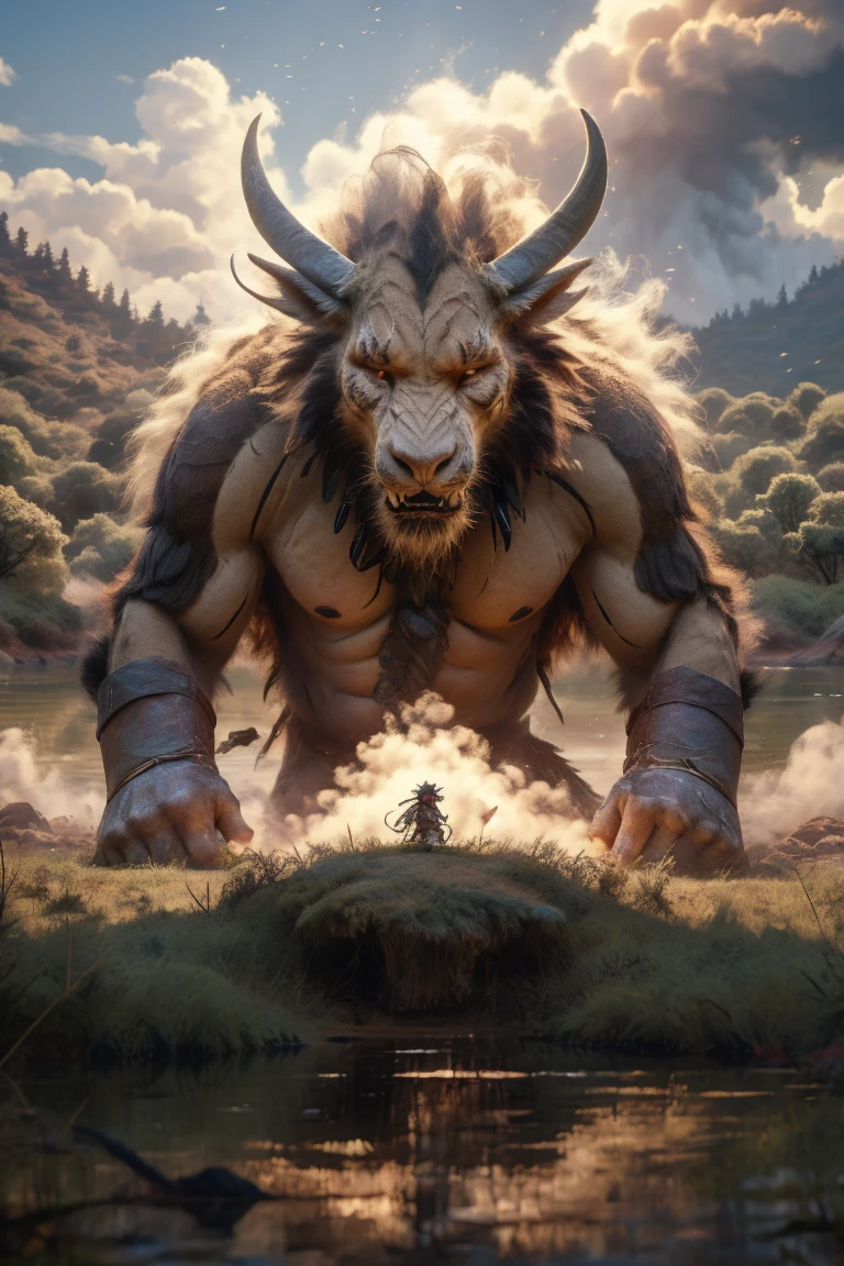 ultra-detailed, masterpiece, masterwork, high quality, best quality, hdr, (nature, night), posted on e621, (by darkgem), nsfw, male, solo, (white little body minotaur), dragon, (long silver hair, yellow eyes, white body, roar), squatting, dynamic angle, (bulge loincloth, pubic hair)