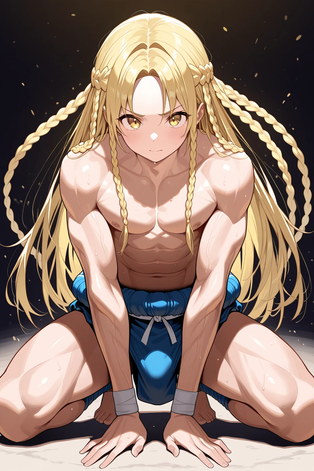 Very detailed、Highest quality、Best image quality、masterpiece、8k、Anime Face、A kind smile、Open Mouth、Sparkling Blue Eyes、Long blonde curly hair、(SFW Huge Body)、(((Rear View)))、Cowboy Shot、(Wearing a thong:1.5)、Muscles of the whole body、Kneel on the sofa、Doggystyle