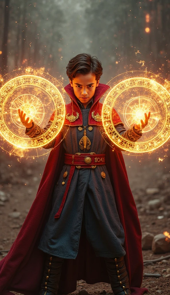 A little boy, 3 years old, American, brown hair, chubby, angry, Doctor Strange clothes and cape, magic ring, flying in the air, battle stance, casting magic, magic aperture, action scene, best quality --auto --s2