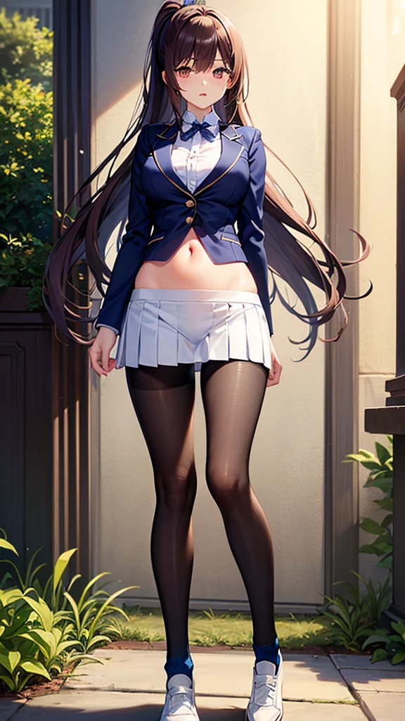 Finest, masterpiece, high definition, (full body), frontal, symmetrical, mature high school girl, solo, (full body from head to toe), small breasts, long hair, slightly messy hair, (black tights), ( (black pantyhose), black pantyhose, composition showing white panties, slender beautiful legs, a very beautiful 17-year-old girl (not wearing shoes) legs), blushing, shy big eyes, messy hair, looking at camera, showing white panties, white frilly lingerie, high school uniform blazer, high school uniform White blouse, high school uniform with blue ribbon, high school uniform with short plaid pattern and navy pleated skirt