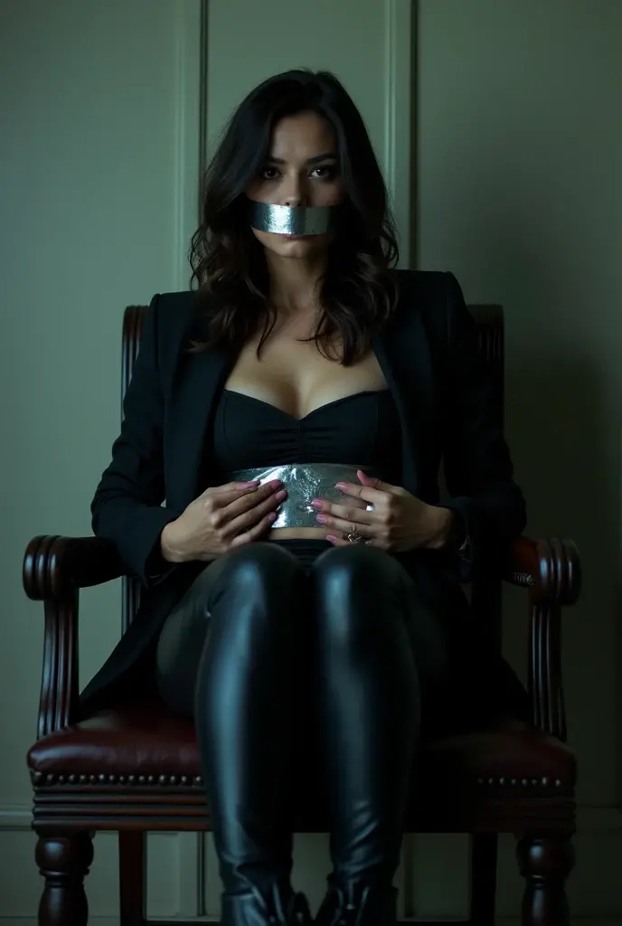 2 Dafne keen, in leather leggings, jacket, boots, arm tied behind, leg tied, duct tape, gagged, silver tape, soft light, alone, sexi, mouth tied, chair tied, uhd, 4k
