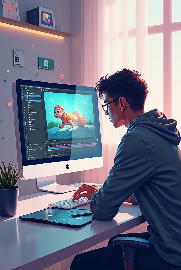 A boy is sitting on a chair, a computer is kept on the table, he is editing video in it. The boy is wearing a black cap, blue jeans, white T-shirt, he has kept a pen, a computer, laptop, mobile, glasses are kept on the table.