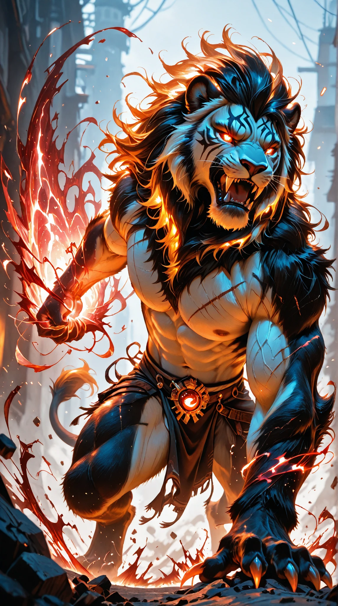 a design [lion], [soft neon light], sticker art, vector art, dark backgroud, and splash orange and red blods, hight resolution for digital print