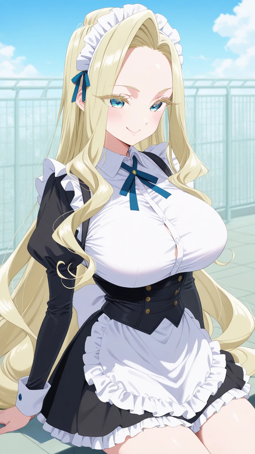 gigantic breasts,bursting breasts,maid outfit,cleavage cutout,cute smile,shy,one eye closed