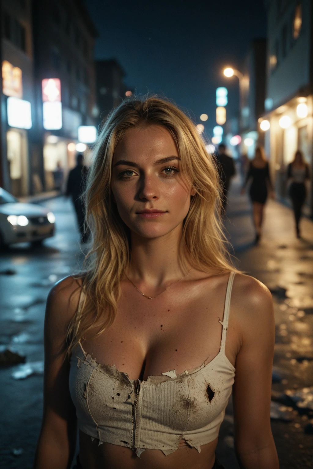 (nsfw:1.5)(from behind: 1.2)WAW UHD portrait photo of a 24-year-old blonde (Femme aux yeux blues) Marcher dans une ruelle sombre, gros seins,, Ville la nuit, (rocher), (Encolure), specifics (Tissu! , Cheveux! , Briller, Couleur!!, disadvanteges: 1.1), Bright eyes with a high level of detail (staring in to the camera), SLR lighting, Appareil photo reflex mono-objectif, ultra quality, re sharpness, profondeur de champ, Filmkorn (Milieu), Fuifilm XT3, Limpide, Rahmenmitte, Beau visage, misc au point nette, street lamp, Neobeluchtung, okeh (dimly lit), Nuit, (Ciel nocturne), Detailed skin pores, peau grasse, Coup de soleil, Complex eyesDetails, corps entier, gros seins