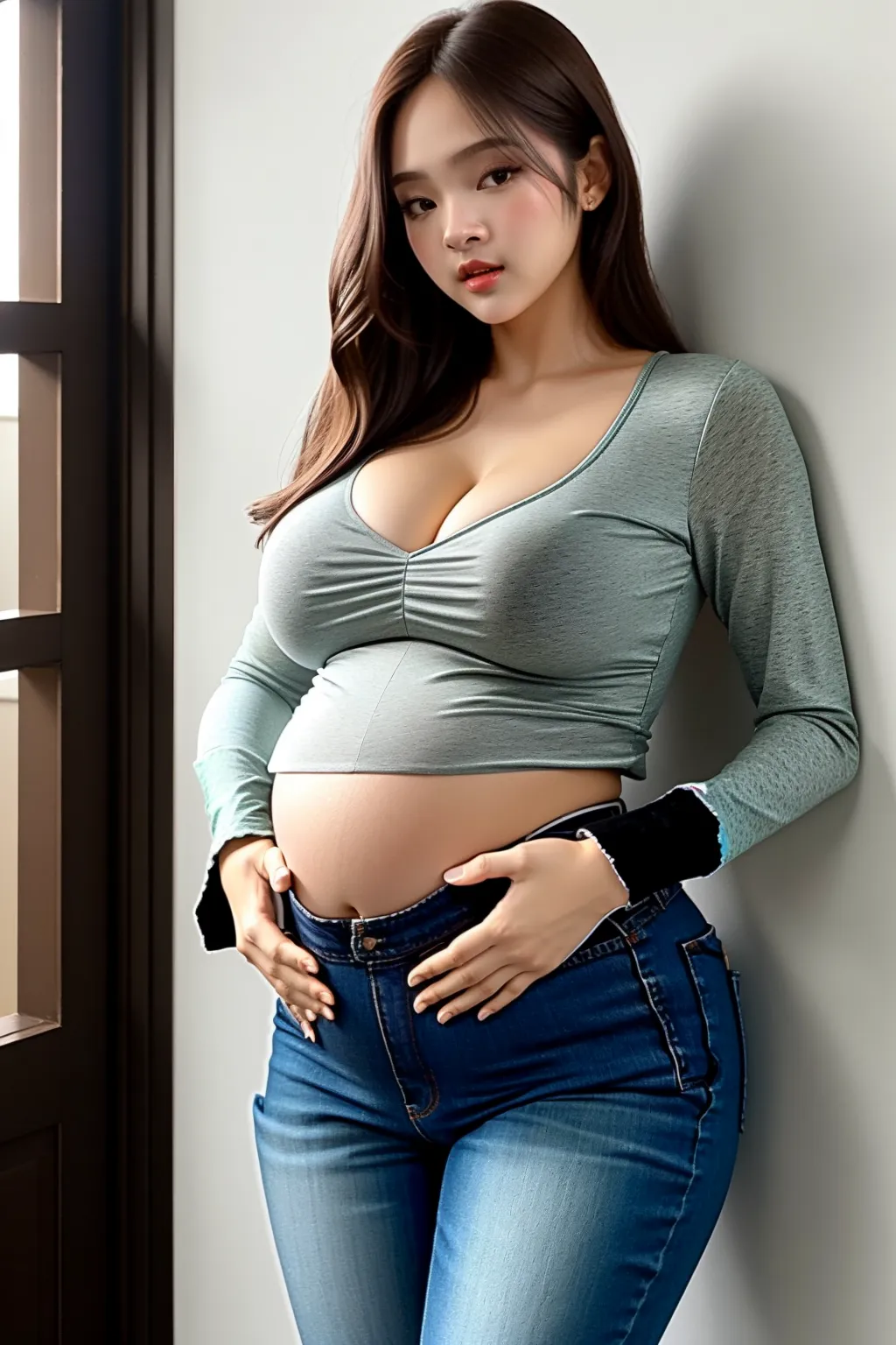 absurdres, RAW photo, extremely delicate and beautiful, masterpiece, Best Quality, ultra high resolution, 32k, hyperrealistic, ultra-detailed, perfect anatomy, perfect figure, super Detailed skin, Very detailed CG 8k wallpaper, pregnant body, narrow waist, very small head, very small face, delicate facial features, tearful mole, earring, thin legs, (playing breast:1.3), (perfect breasts:1.3), (full body shot:1.1), (solo:1.2), long hair, (wavy hair:1.2), (hard nipple:1.3), wet clothes, (outer Clothes:1.3), (horny:1.3),