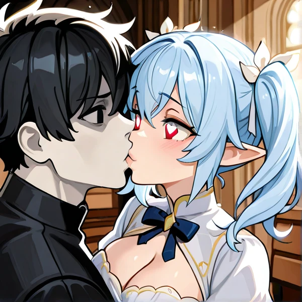 hotels room,The walls are lined with chains, Shackles, Other Torture Instruments,Silvery hair,Red Eyes,fluffy golden hair,Blue eyes,Angel and Demon Cosplay,Excitement and happiness,Multiple men,SEX,- Groping each other's bodies,Nipple bumps,white liquid on face and breasts,Smokexxx,red tide,Elated look,