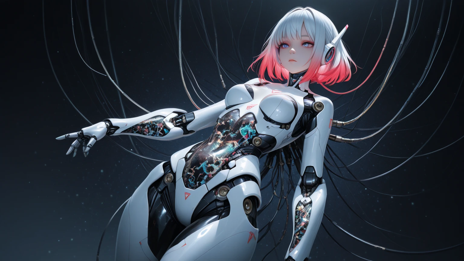 (((Masterpiece)))), (((highest quality)))), ((Ultra Definition)), (Very Detailed Photoreality), ((Very Delicate and Beautiful)), (Delicate and Pretty Face), Cinematic Light, (((1 Girl)), Solo, Full Body, Big, Cleavage Is Visible Skin, White Hair, Purple Eyes, Glowing Eyes, Thighs Exposed Skin, (Mechanical Joints: 1.4), (Mechanical Limbs)), ( blood vessels connected to tubes), (((mechanical vertebrae attached to the back)), ((cervical vertebrae of the machine) attached to the neck)), ((sitting)), expressionless, (wires and cables attached to the head and body: 1.5), (character focus), small LED lamps on the body, Ghost in the Shell, sci-fi, metal, metallic body, detailed neon, hydraulic cylinder