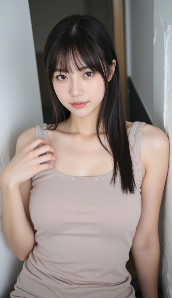 Gentle portrait of a beautiful Asian woman, flowing hair, captivating blue eyes, delicate features, radiant smile, natural makeup, elegantly dressed, ((Pink colour Boatneck Sleeveless Vintage Tea Dress)),  ( hair adornment、bow ribbon、frilld、shairband、Jewelry Accessories ), gentle expression, slight blush, warm skin tones, fantastic lighting, soft shadows, high-resolution digital painting, realistic style, artistic interpretation, by a skilled portraitist.