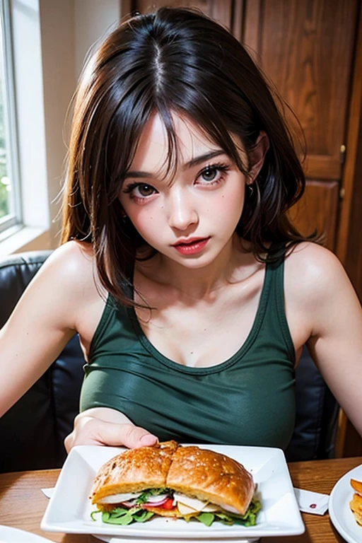 (Highest quality,4K,8k,High resolution,masterpiece:1.2),Very detailed,(Realistic,photoRealistic,photo-Realistic:1.37), Savage woman, Eat yakitori enthusiastically, Taste, With a satisfied smile. She is enjoying a meal and drinking red wine.. On her plate、A mountain of mouthwatering food. The atmosphere is lively、The lighting is warm and cozy.