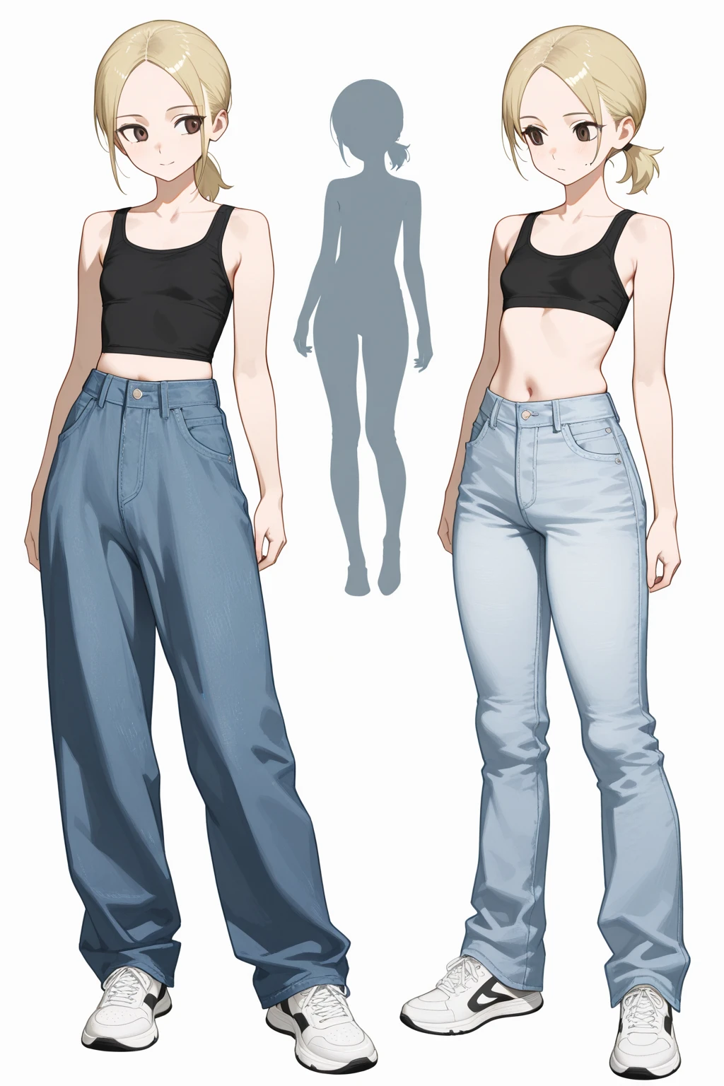 Detailed character sheet, Front view, Side view, Oblique view, with a white returnground, show women, Full body,