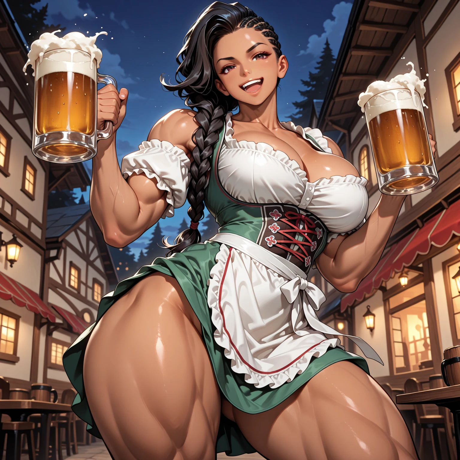 (masterpiece, top quality, best quality, official art, beautiful and aesthetic:1.2), (1girl:1.3), auburn hair in big curls, extremely detailed, portrait, looking at viewer, solo, (full body:0.6), detailed background, close up, (warm summer tavern theme:1.1), freckles, extremely busty tavern maid, bard, charlatan, smirk, mysterious, working in tavern, revealing bard attire, dirndl dress, dirndl, corset, straps, long boots, mugs of beer, ((((gigantic breasts, cleavage, skindentation)))), slim waist, slim hips, long legs, medieval (tavern interior:1.1) background, dark mysterious lighting, shadows, magical atmosphere, dutch angle, (((((huge muscles)))))
