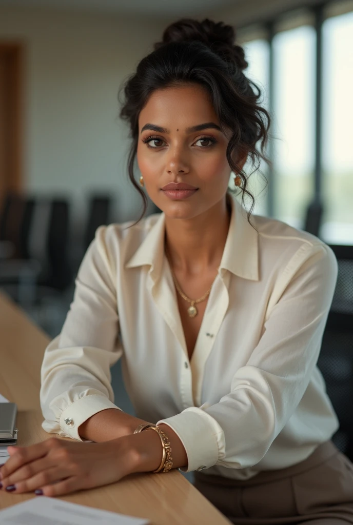 The woman has black curly hair, white skin, freckles and moles on her face. She is sitting with her gold and silver laptop. The laptop brand is Apple.