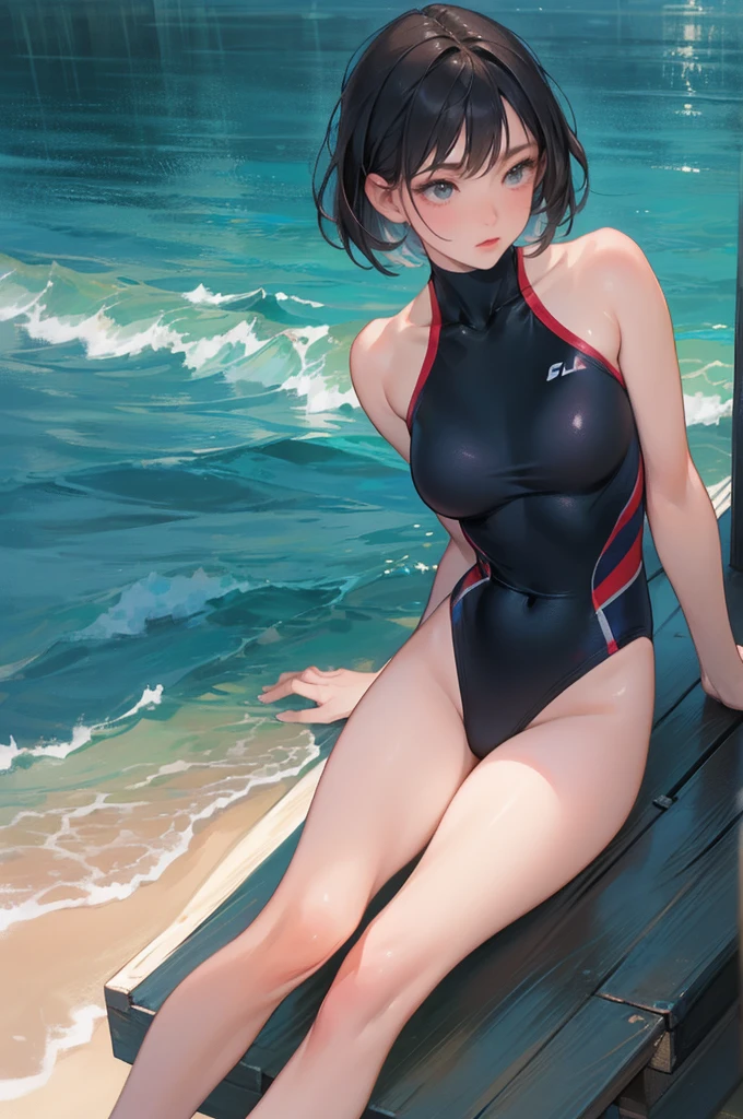 ((Lying on a rubber boat floating on the sea)), ((rash guard)), ((Sleeveless)), ((swimsuit sides see-through)), ((The swimsuit is a vivid color)),, skindentation, skinny, solo, 1 woman, Masterpiece, highest quality, highest quality, 16K, incredibly absurd, highly detailed, 2.5D, ai-generated, delicate and dynamic, very delicate facial expressions, delicate eye depiction, erotic, only sexy woman, ((A cute and kind face)), healthy figure, 25-year-old woman, bride, 160cm tall, medium firm swaying bust, (dark hair), black eye, blush, Sweat,Embarrassed,sexy, ((thin thighs)), (Erect nipples:0.7), (visible nipples:0.7), ((shiny and lustrous)), facing straight at viewer, ((brown black skin)), ((Oily_skin)), sweaty skin, wet skin, (suntan), dutch angle, ((sexy pose)), Dynamic poses, ((Summer Sea)), Strong sunlight, ((On the open sea)), ((sexy pose)),, ((Lying)), Navel, ((On the open sea)), Knee Up,