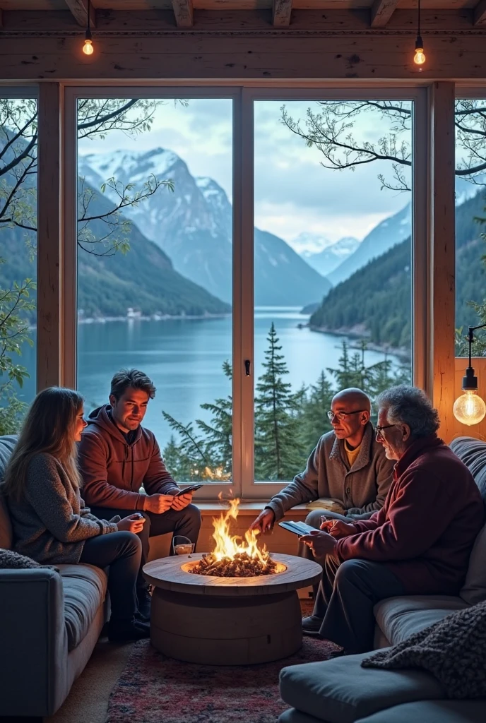 Uma sala com uma lareira, an elderly couple sitting on the couch in front of the fireplace