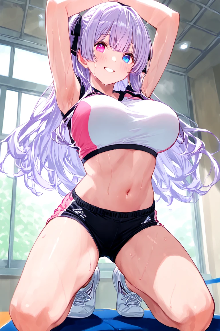 Sunset reflection　fitness gym　yoga mats、full of sweat、Light Blue Fitness Wear　Use English characters、Floral pattern　Pink leggings、White ankle socks、Navel Ejection、 pinkcolor　Longhair　Hair Retention Pin、wrist watch、Colossal tits　Whip whip、sapphire earrings、Sports Necklaces、Armpit　sitting on、Kamimei、Red eyes