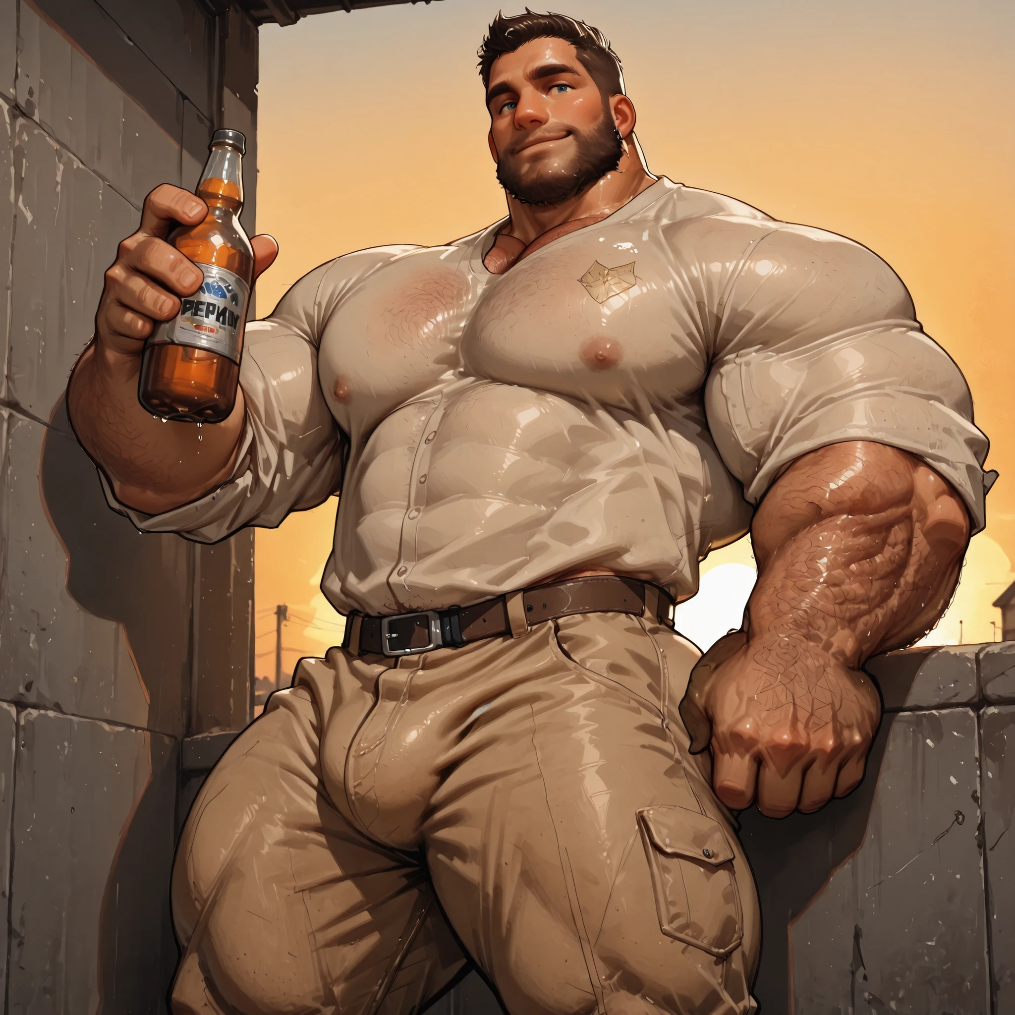 Homem de meia-idade, rosto masculino, olhos castanho-claro, cabelo castanho curto e ondulado, Drunken expression, com bigode e sem barba, musculoso, corpo muito peludo, peitoral enorme e peludo, mamilos grandes e inchados, huge biceps, pele oleosa brilhante. He is holding a mug of beer in his right hand, usando uma blusa branca molhada, rectangular oculus, beige pants and brown shoes. He's in a living room at night.