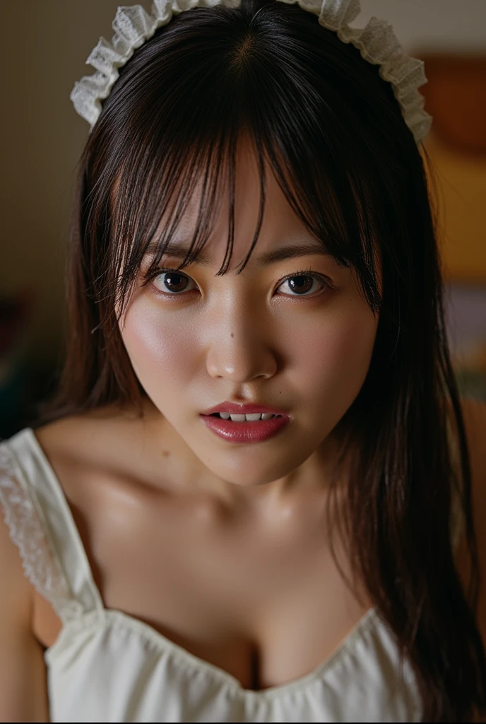 ((highest quality, 8K, Raw photo, masterpiece :1.3)), (realistic、Photoreal:1.37)、ultra high resolution, (professional lighting), 1 girl, alone, Beautiful and dense face, shining eyes, brown eyes, double eyelid,eyelash,lean figure,C cup, Fine and beautiful skin, skin texture,A woman is sitting in front of me with her knees on the floor.、look up at the camera、Reach out and grab the camera、The mouth is open and、He has a troubled expression on his face..、 Japanese house、Luxury Hotels, Light of the sun, (NSFW,kneel down:1.3, arrive:1.3, open your mouth:1.3, shy), (brunette bob, brown hair), (clothing: white tank top, No bra,white hot pants ), (Floor seen from above:1.5) ,freckles