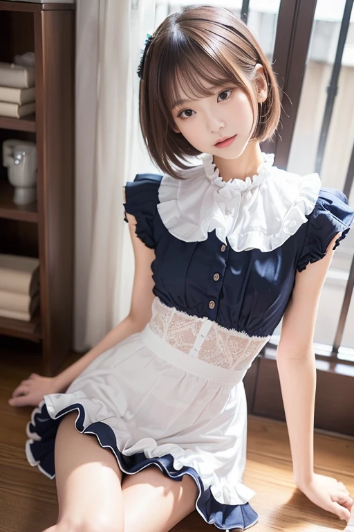 (1woman), short bob,28 years old, Japanese, Brown eyes, Brown hair, Slim figure, Flat chest, Rosy cheeks, 
Break
//Fashion
Modern Alice in Wonderland Chic
This look puts the classic Alice in Wonderland aesthetic into a modern fashion context. The base is a tailored light blue A-line dress with a white Peter Pan collar and short puff sleeves. The dress is above the knee length and has a fitted bodice that creates a flattering silhouette. On top of the dress, a white lace apron with delicate embroidered details ties with a large bow at the back, reflecting Alice's iconic look.
BREAK
Accessories include black Mary Jane shoes with a little heel and white knee-high socks. Add a black velvet headband.
BREAK