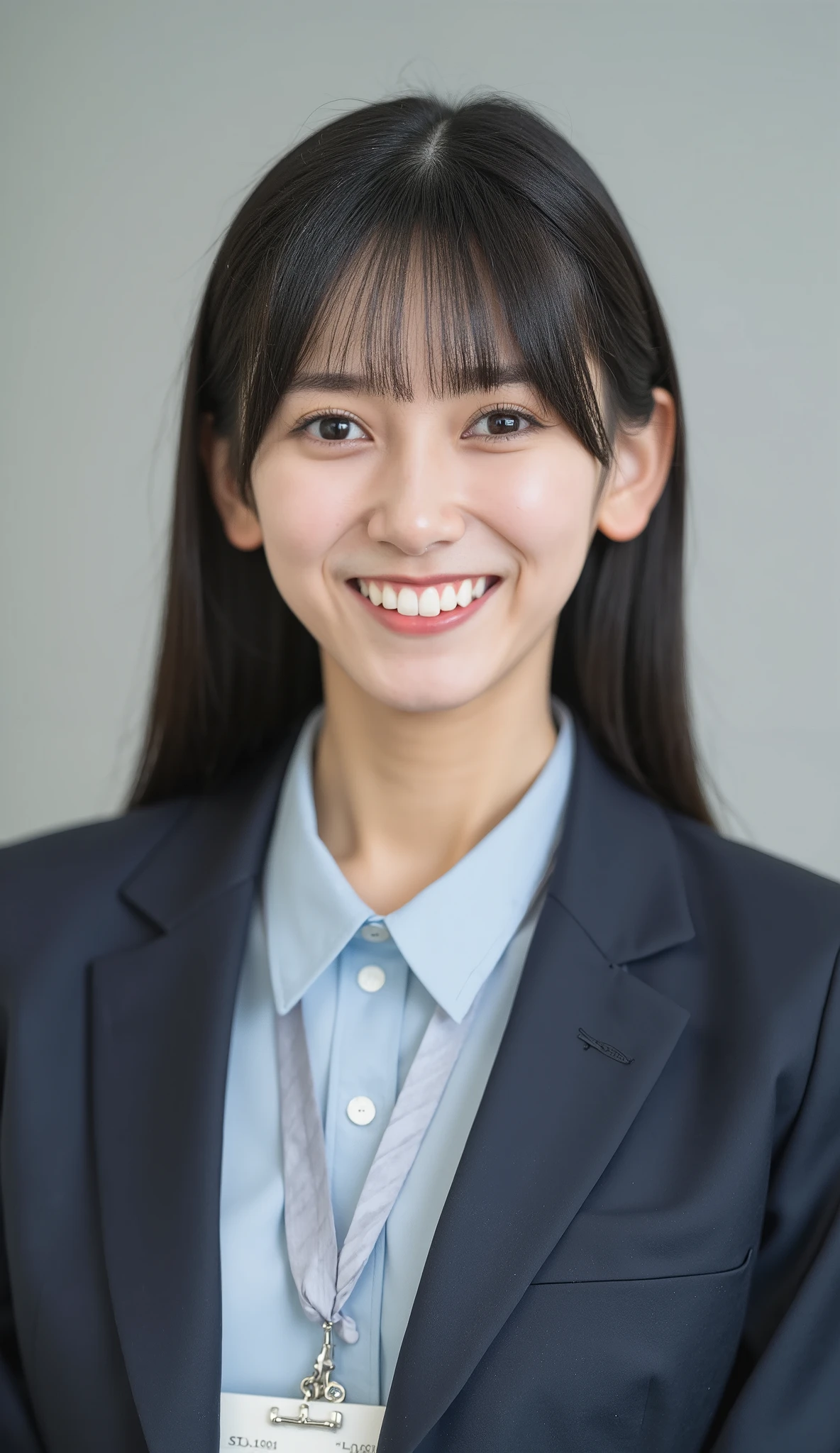Neat Young Woman、and look at the camera、office lady suit、jacket、shirt、首から下げた社員証、、ear piercing、、smile showing teeth、背景はオフィス
