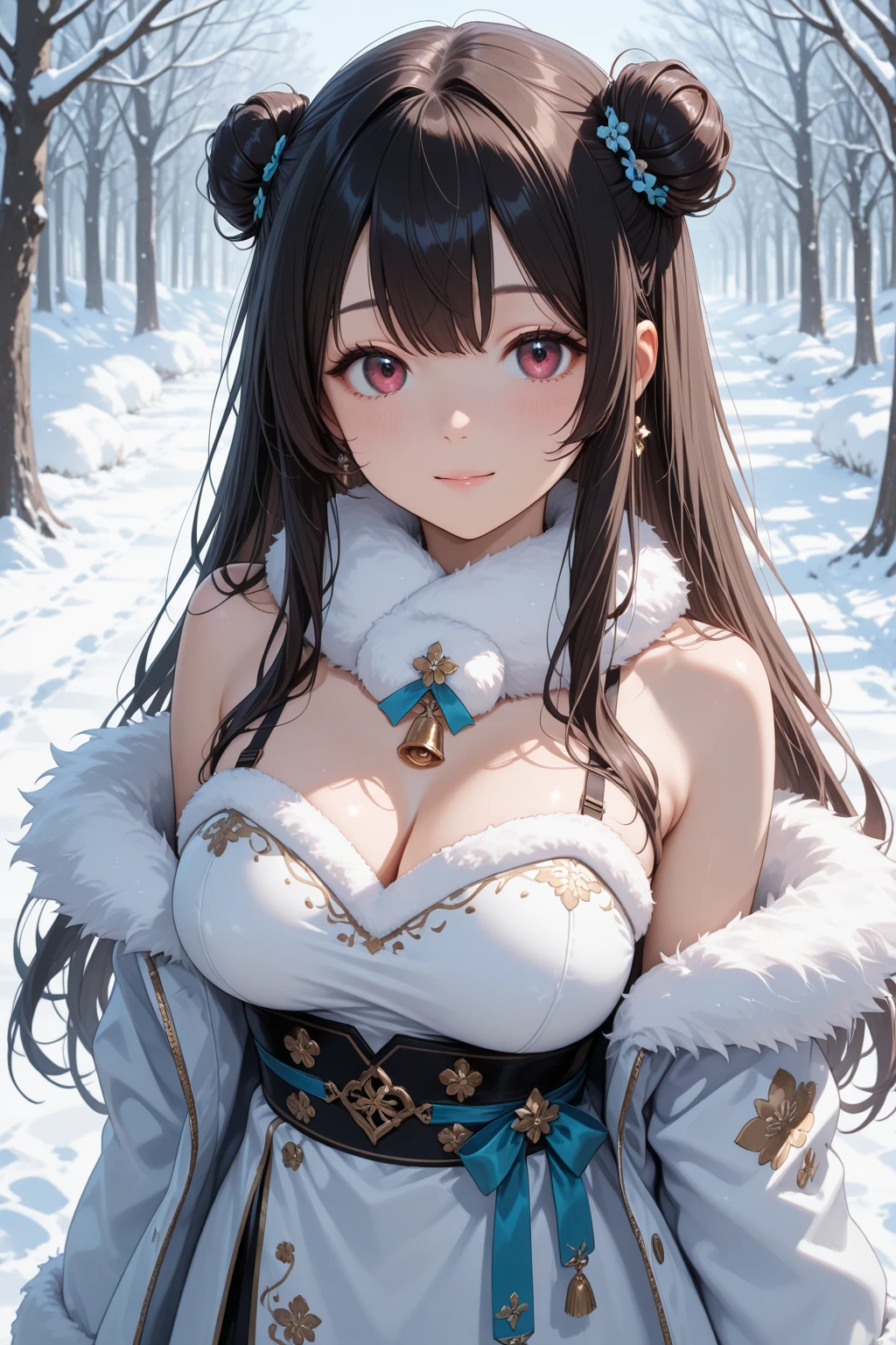 1 girl、Detailed facial details，16 yrs old，manacles，collared，Cat's ear，black hair long,red lips，wearing white latex，big breasts in white garter，carrying a bag，Charming red eye，manacles，collared，Radiant skin，mountainscape，Riu，forst