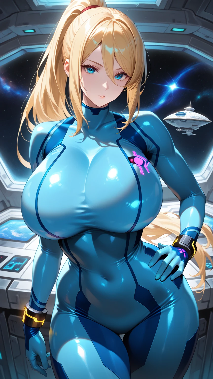 absurdres, best quality, 1girl, solo, eye focus, looking at viewer, <lora:samus-nvwls-v1:0.9>, samus aran, ponytail, hair tie, blue gloves, blue bodysuit