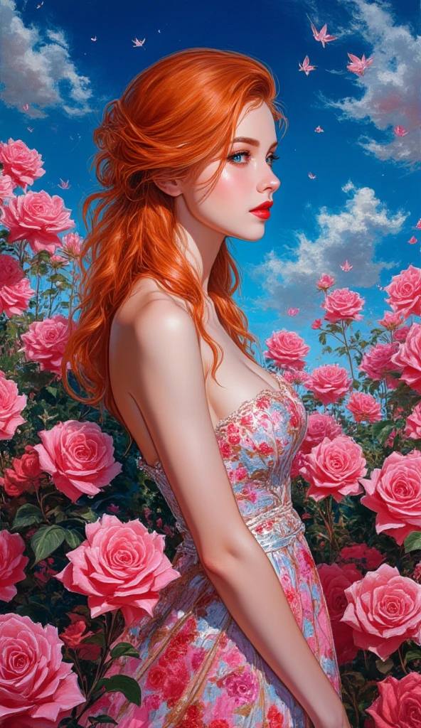 The Sleeping Woman, Realistic, She is dressed in pajamas, red hair color, parallax, Ultra Hyper Mega Contrast, sleeps on a chic bed, covered with rose petals, tmasterpiece, Winner of the photo contest, Beautiful lighting, work of art