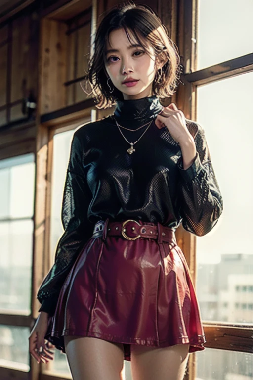 (masterpiece:1.2, top-quality), (realistic, photorealistic:1.4), beautiful illustration, (natural side lighting, movie lighting), (face focus,full body, from below),a 17 years old girl, japanese, high school girl, perfect face, perfect body, cute and symmetrical face, shiny skin, babyface,(short hair:1.6), (low ponytail:1.6), long sideburns, light brown hair), asymmetrical bangs, dark blue eyes, big eyes, drooping eyes, (small breasts, posed cleavage,seductive thighs, big ass), beautiful hair, beautiful face, beautiful detailed eyes, beautiful clavicle, beautiful body, beautiful chest, beautiful thigh, beautiful legs, beautiful fingers, (off-shoulder red sweter dress:1.3), (sleeveless black:1.1),( brown tight mini skirt), emerald green hair ribbon), (beautiful scenery), morning, (street), standing, upper eyes, (with sparkling eyes and a contagious smile:1.2),looking at Viewer