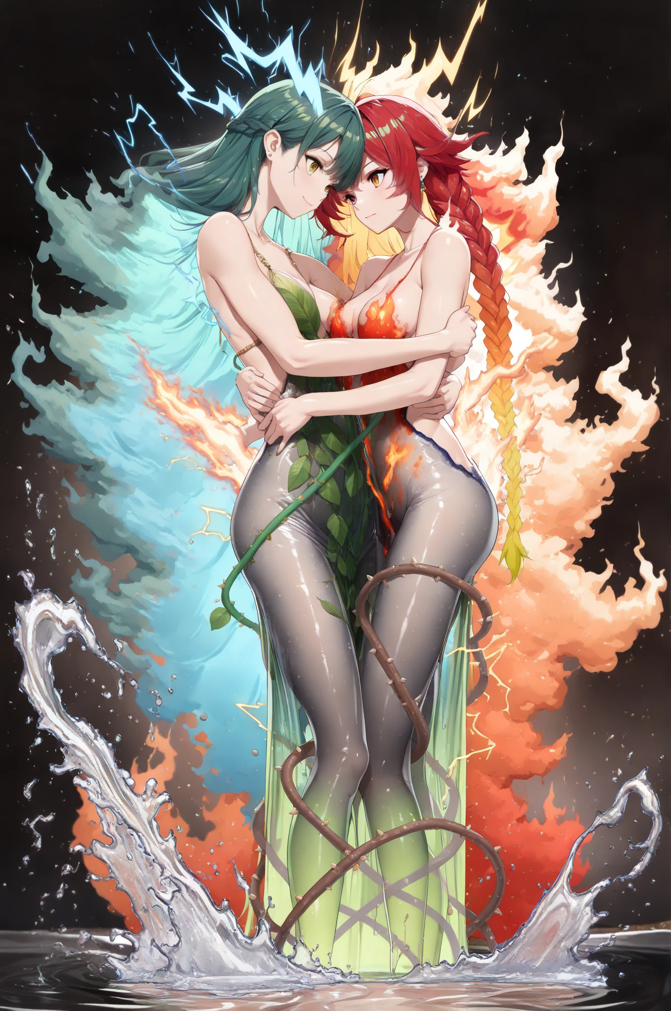 Anime-style full-color 64k sketch of an anime-style duo featuring feminized anthropomorphic Pokémon Typhlosion and Samurott, wearing swimsuits with special particle effects resembling their specialty types, anime
A meticulously detailed sketch featuring a feminized anthropomorphic Typhlosion and Samurott. The sketch captures them in a mostly anime style, rendered in full color to highlight their vibrant features. Both Pokémon are depicted with a graceful and commanding presence, showcasing their elegance and power. They are wearing swimsuits, designed with sophisticated patterns and colors that reflect their respective types. The 3D elements add depth and realism while maintaining the charm of anime aesthetics.
**Characteristic Features**:
- **Typhlosion**:
- **Hairstyle and Color**: Typhlosion's fiery orange and yellow hair styled in a sleek, flowing manner, with piercing red eyes.
- **Clothing**: A stylish, elegant orange swimsuit with flame accents, featuring intricate patterns reminiscent of fire energy.
- **Facial Features**: A fierce yet graceful expression, capturing her fiery spirit.
- **Special Particle Effects**: Ethereal, glowing particles resembling fire energy, swirling around her, adding a mystical and powerful aura.
- **Body Structure**: Humanoid, with a slender, athletic figure, flame-shaped markings on her arms and legs, and a long, fiery tail. Her skin has a smooth, slightly scaled texture, adding to her fiery appearance.
- **Samurott**:
- **Hairstyle and Color**: Samurott's sleek, flowing blue hair with white highlights, and deep blue eyes.
- **Clothing**: A stylish, elegant blue swimsuit with wave accents, featuring intricate patterns reminiscent of water energy.
- **Facial Features**: A regal and commanding expression, capturing her aquatic majesty.
- **Special Particle Effects**: Ethereal, glowing particles resembling water energy, swirling around her, adding a mystical and powerful aura.
- **Body Structure**: Humanoid, with a